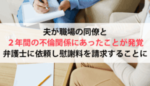 夫が職場の同僚と２年間の不倫関係にあったことが発覚、弁護士に依頼し慰謝料を請求することにした事例